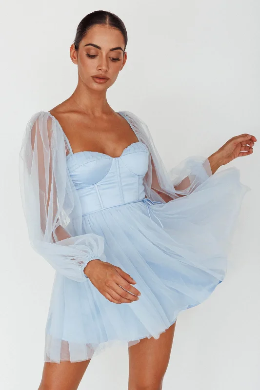 Empire Waist Polyester Dresses for Ladies with Satin RibbonFairytale Dream Sheer Sleeve Mini Dress Blue Empire Waist Polyester Dresses for Ladies with Satin RibbonFairytale Dream Sheer Sleeve Mini Dress Blue