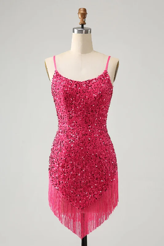 Dresses with Embroidered Birds and Sequined Floral Motifs and Satin and Lace Combo for Ladies' Nature Inspired and Romantic LookFuchsia Sequins Spaghetti Straps Short Homecoming Dress with Tassels Dresses with Embroidered Birds and Sequined Floral Motifs and Satin and Lace Combo for Ladies' Nature Inspired and Romantic LookFuchsia Sequins Spaghetti Straps Short Homecoming Dress with Tassels