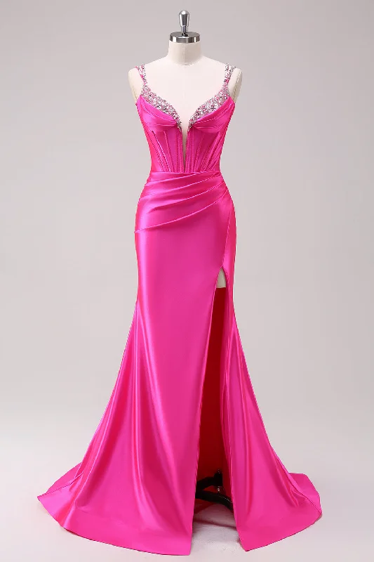 Strapless Cotton Dresses for Ladies' Beachside RelaxationFuchsia Mermaid Spaghetti Straps Corset Sequin Prom Dress with Slit Strapless Cotton Dresses for Ladies' Beachside RelaxationFuchsia Mermaid Spaghetti Straps Corset Sequin Prom Dress with Slit
