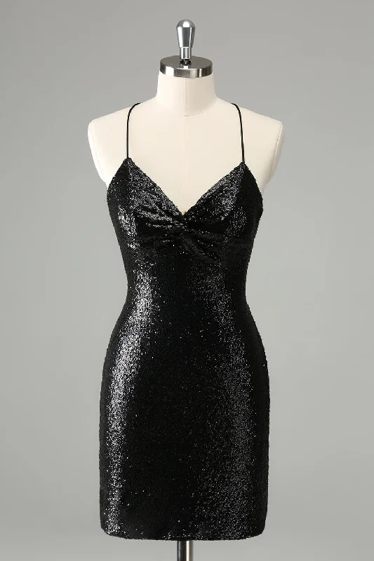 Dresses with High Low Sheer Skirt for Ladies' Dramatic and Fashionable LookStylish Glitter Black Sequins Tight Halter Homecoming Dress with Lace Up Back Dresses with High Low Sheer Skirt for Ladies' Dramatic and Fashionable LookStylish Glitter Black Sequins Tight Halter Homecoming Dress with Lace Up Back