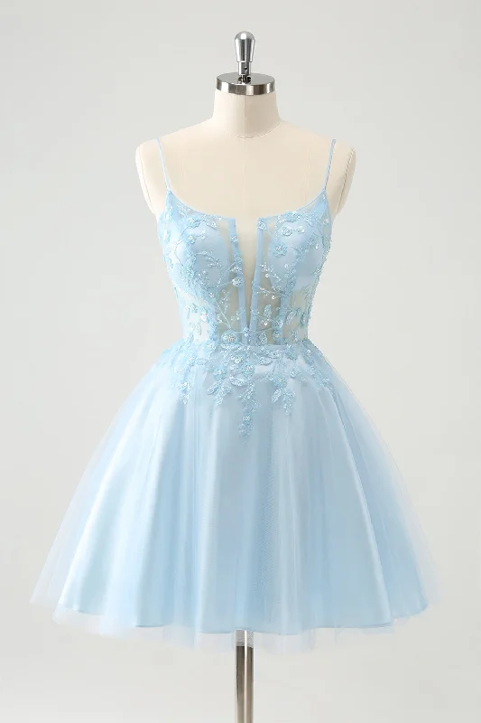 Dresses with Lace and Tulle Combo for Ladies' Dreamy LookCute Glitter Blue A Line Beaded Corset Tulle Homecoming Dress with Appliques Dresses with Lace and Tulle Combo for Ladies' Dreamy LookCute Glitter Blue A Line Beaded Corset Tulle Homecoming Dress with Appliques