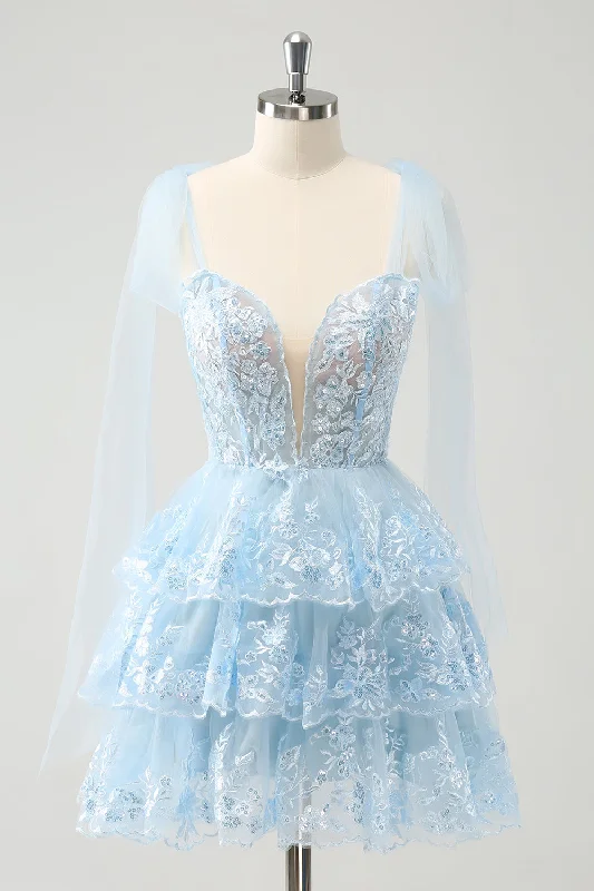 Plaid Dresses with Satin Trim for Ladies' Preppy StyleGlitter Blue A Line Embroidery Tiered Homecoming Dress with Appliques Plaid Dresses with Satin Trim for Ladies' Preppy StyleGlitter Blue A Line Embroidery Tiered Homecoming Dress with Appliques