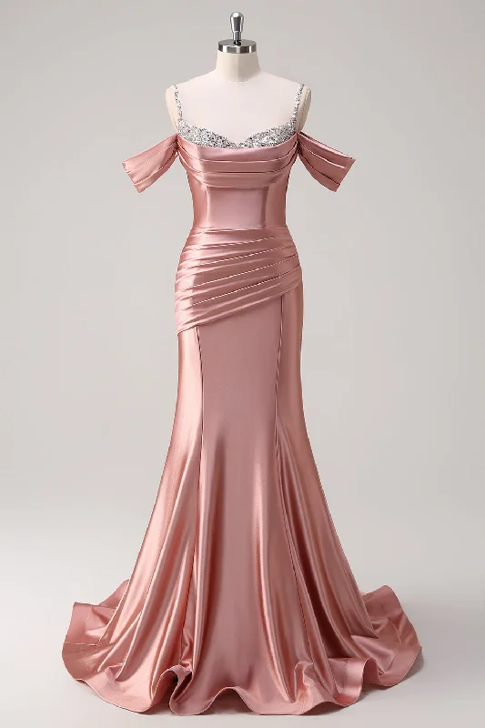 Dresses with Beaded Floral Wreath on the Bodice and High Low Hem for Ladies' Delicate and Dramatic LookGlitter Blush Mermaid Beaded Spaghetti Straps Long Prom Dress Dresses with Beaded Floral Wreath on the Bodice and High Low Hem for Ladies' Delicate and Dramatic LookGlitter Blush Mermaid Beaded Spaghetti Straps Long Prom Dress