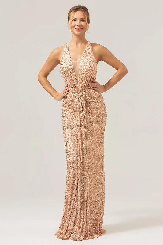 Dresses with Beaded Floral Wreath on the Bodice and High Low Hem for Ladies' Delicate and Dramatic LookGlitter Blush Mermaid Halter Backless Long Prom Dress Dresses with Beaded Floral Wreath on the Bodice and High Low Hem for Ladies' Delicate and Dramatic LookGlitter Blush Mermaid Halter Backless Long Prom Dress