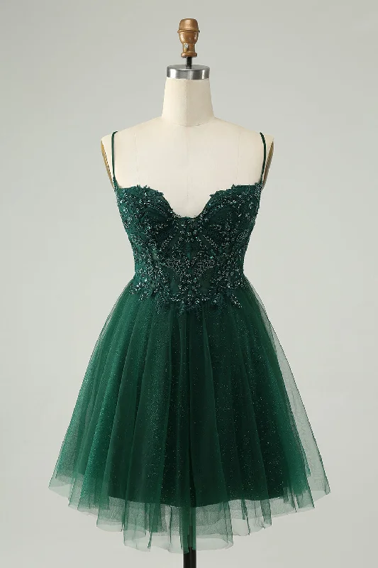 Dresses with Tiered Skirts for Ladies' Playful LookGlitter Dark Green A-Line Beaded Appliques Tulle Homecoming Dress Dresses with Tiered Skirts for Ladies' Playful LookGlitter Dark Green A-Line Beaded Appliques Tulle Homecoming Dress