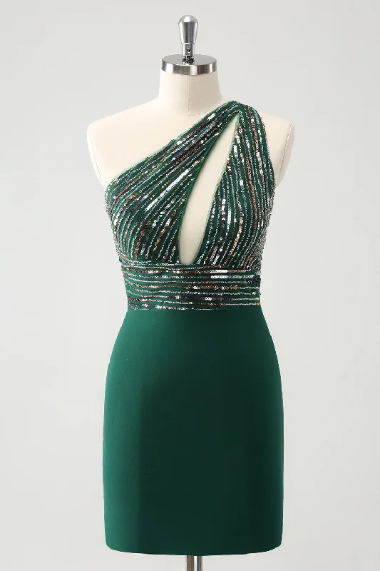 Dresses with Bell Sleeves for Ladies' Playful and Feminine LookGlitter Dark Green Tight One Shoulder Cut-Out Homecoming Dress Dresses with Bell Sleeves for Ladies' Playful and Feminine LookGlitter Dark Green Tight One Shoulder Cut-Out Homecoming Dress