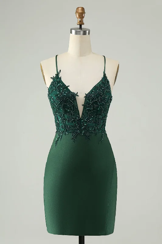 Wrap Style Polyester Dresses for Ladies' Versatile OutfitGlitter Dark Green Tight V Neck Beaded Homecoming Dress Wrap Style Polyester Dresses for Ladies' Versatile OutfitGlitter Dark Green Tight V Neck Beaded Homecoming Dress