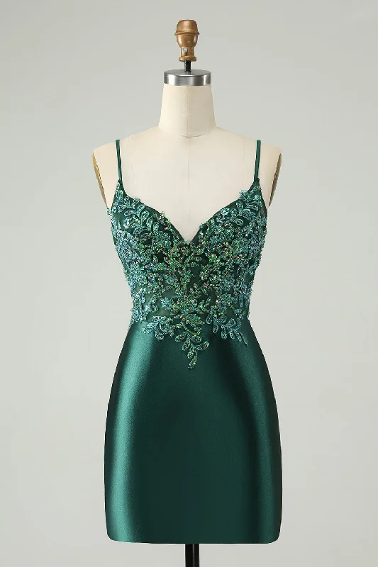 Dresses with Satin Trimmed Collar and Bow Back and Embroidered Skirt for Ladies' Classic and Glamorous LookGlitter Dark Green Tight V Neck Short Homecoming Dress with Sequins Dresses with Satin Trimmed Collar and Bow Back and Embroidered Skirt for Ladies' Classic and Glamorous LookGlitter Dark Green Tight V Neck Short Homecoming Dress with Sequins