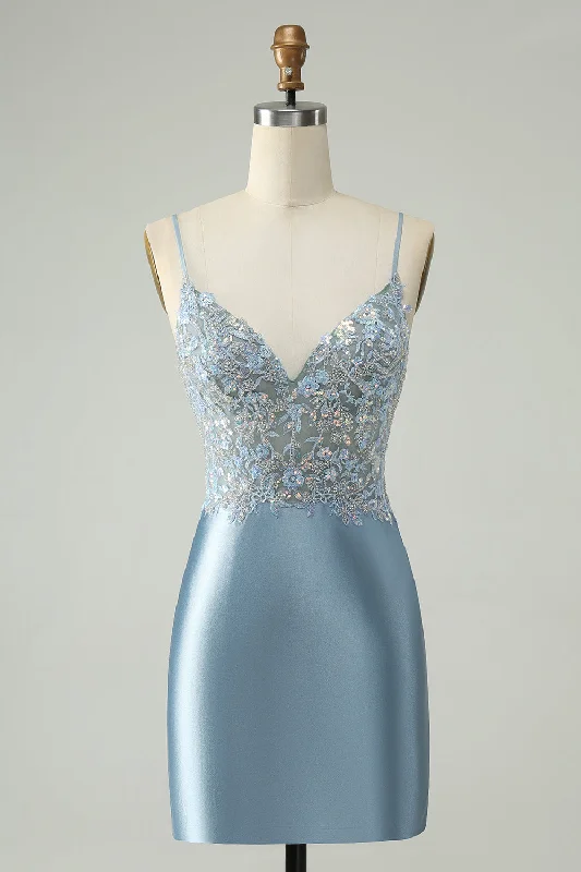 Velvet Dresses with Satin Trim for Ladies' Luxurious FeelGlitter Dusty Blue Beaded Floral Tight Satin Homecoming Dress Velvet Dresses with Satin Trim for Ladies' Luxurious FeelGlitter Dusty Blue Beaded Floral Tight Satin Homecoming Dress