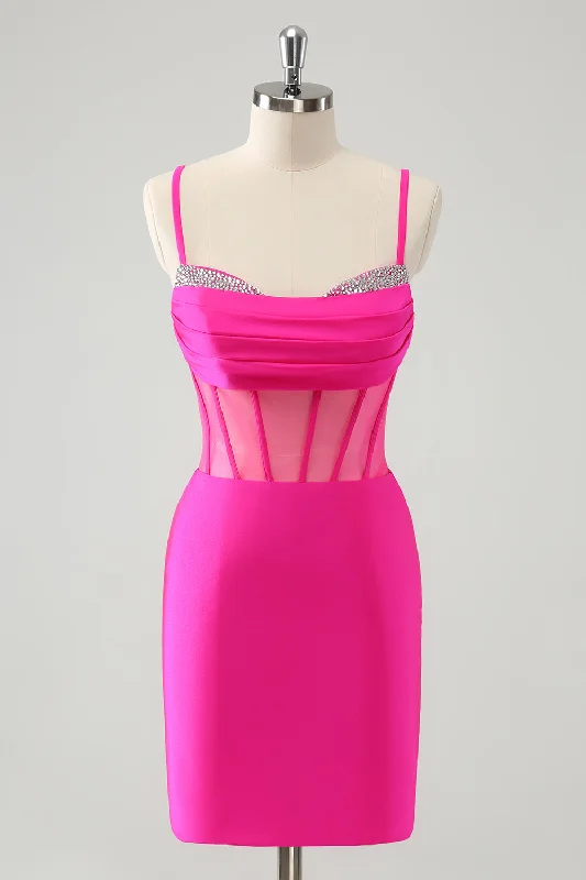 Strapless Dresses with Tassel Accents for Ladies' Fun and Flirty LookGlitter Fuchsia Spaghetti Straps Tight Corset Homecoming Dress with Beading Strapless Dresses with Tassel Accents for Ladies' Fun and Flirty LookGlitter Fuchsia Spaghetti Straps Tight Corset Homecoming Dress with Beading