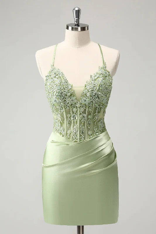 Bohemian Style Maxi Dresses for Ladies with Embroidered DetailsGlitter Green Spaghetti Straps Beaded Appliques Tight Corset Homecoming Dress Bohemian Style Maxi Dresses for Ladies with Embroidered DetailsGlitter Green Spaghetti Straps Beaded Appliques Tight Corset Homecoming Dress
