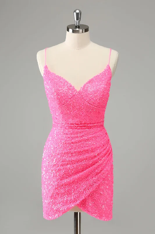 Dresses with Ruffled Hem and Bow at the Waist for Ladies' Sweet and Feminine LookGlitter Hot Pink Tight Spaghetti Straps Sequins Short Homecoming Dress Dresses with Ruffled Hem and Bow at the Waist for Ladies' Sweet and Feminine LookGlitter Hot Pink Tight Spaghetti Straps Sequins Short Homecoming Dress