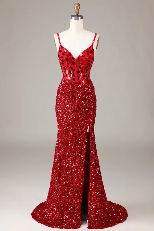 Sleeveless Dresses with Sequined Neckline for Ladies' Glamorous LookGlitter Mirror Sequins Red Corset Prom Dress with Slit Sleeveless Dresses with Sequined Neckline for Ladies' Glamorous LookGlitter Mirror Sequins Red Corset Prom Dress with Slit