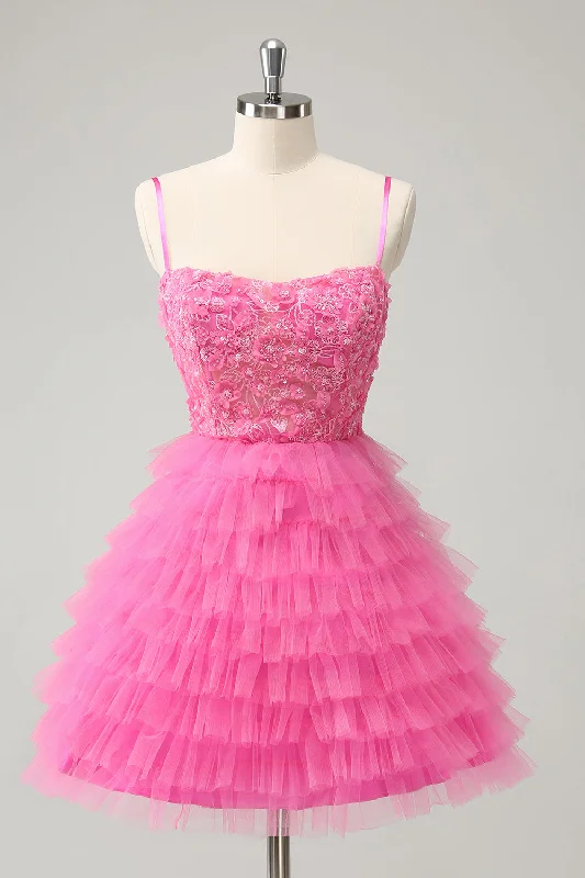 Dresses with Sequined Star Motifs and Sheer Sleeve for Ladies' Celestial and Flirty LookGlitter Pink A Line Spaghetti Straps Tiered Flowers Tulle Cute Homecoming Dress Dresses with Sequined Star Motifs and Sheer Sleeve for Ladies' Celestial and Flirty LookGlitter Pink A Line Spaghetti Straps Tiered Flowers Tulle Cute Homecoming Dress