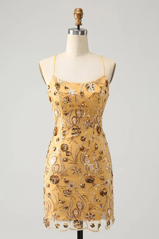 Dresses with Sequined Stripes and Sheer Back for Ladies' Bold and Sexy LookGlitter Yellow Sequined Embroidery Tight Short Homecoming Dress with Beading Dresses with Sequined Stripes and Sheer Back for Ladies' Bold and Sexy LookGlitter Yellow Sequined Embroidery Tight Short Homecoming Dress with Beading
