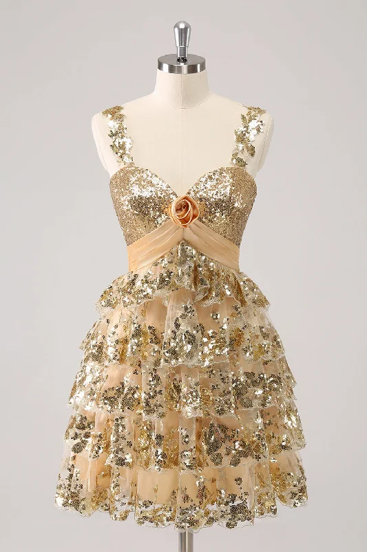 Dresses with Sequined Stripes for Ladies' Bold and Fashionable LookGolden A-Line Spaghetti Straps Sequined Homecoming Dress with Flower Dresses with Sequined Stripes for Ladies' Bold and Fashionable LookGolden A-Line Spaghetti Straps Sequined Homecoming Dress with Flower