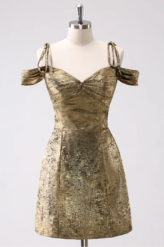 Dresses with Ruffled Sleeveless Top and Sequined Bodice for Ladies' Dramatic and Glamorous LookGolden Cold Shoulder A-Line Short Homecoming Dress Dresses with Ruffled Sleeveless Top and Sequined Bodice for Ladies' Dramatic and Glamorous LookGolden Cold Shoulder A-Line Short Homecoming Dress