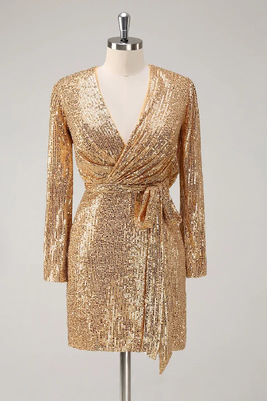 Dresses with Sequined Stripes for Ladies' Bold and Fashionable LookGolden Glitter V Neck Short Tight Party Dress Dresses with Sequined Stripes for Ladies' Bold and Fashionable LookGolden Glitter V Neck Short Tight Party Dress