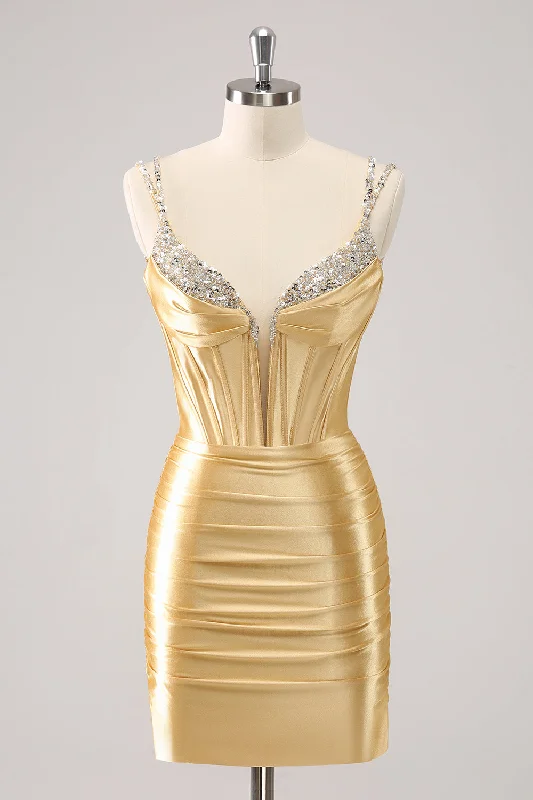 Dresses with Ruffled Sleeveless Top and Sequined Bodice for Ladies' Dramatic and Glamorous LookGolden Spaghetti Straps Bodycon Homecoming Dress with Sequins Dresses with Ruffled Sleeveless Top and Sequined Bodice for Ladies' Dramatic and Glamorous LookGolden Spaghetti Straps Bodycon Homecoming Dress with Sequins