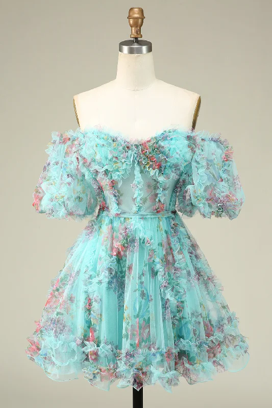Ombre Dresses with Gradient Colors for Ladies' Stunning Visual AppealGorgeous A Line Off the Shoulder Green Tulle Short Homecoming Dress with Short Sleeves Ombre Dresses with Gradient Colors for Ladies' Stunning Visual AppealGorgeous A Line Off the Shoulder Green Tulle Short Homecoming Dress with Short Sleeves