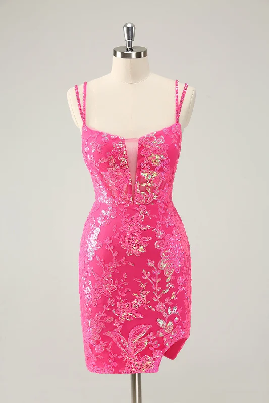 Ballroom Style Satin Dresses for Ladies' Special OccasionsGorgeous Hot Pink Bodycon Lace Up Glittler Short Homecoming Dress with Slit Ballroom Style Satin Dresses for Ladies' Special OccasionsGorgeous Hot Pink Bodycon Lace Up Glittler Short Homecoming Dress with Slit
