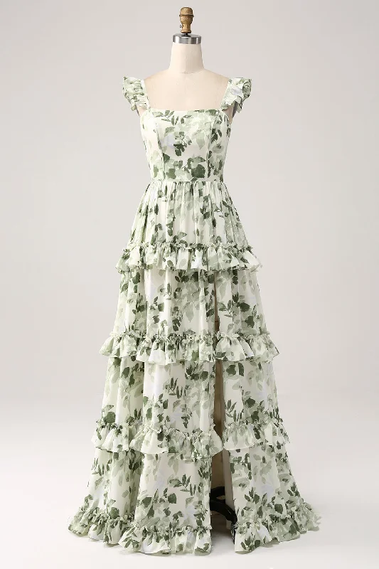 Short Dresses with Sequined Accents for Ladies' Night OutGreen Floral Ruffles Tiered Prom Dress with Slit Short Dresses with Sequined Accents for Ladies' Night OutGreen Floral Ruffles Tiered Prom Dress with Slit