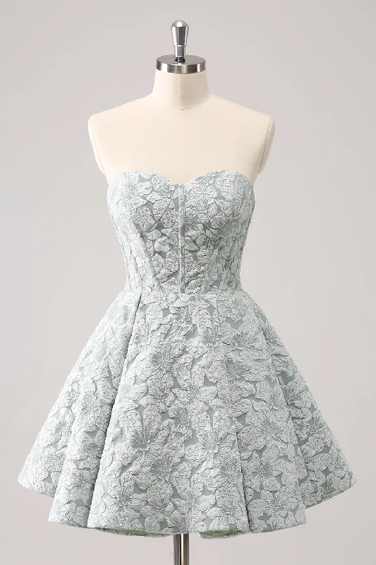 Dresses with Embroidered Tribal Patterns and Satin Sash for Ladies' Cultural and Glamorous LookGrey Green A-Line Strapless Floral Short Homecoming Dress Dresses with Embroidered Tribal Patterns and Satin Sash for Ladies' Cultural and Glamorous LookGrey Green A-Line Strapless Floral Short Homecoming Dress