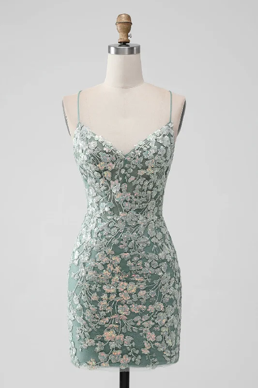 Taffeta Dresses with Pleated Bodice for Ladies' Structured LookGrey Green Bodycon Lace-up Back Short Homecoming Dress with Sequin Appliqued Taffeta Dresses with Pleated Bodice for Ladies' Structured LookGrey Green Bodycon Lace-up Back Short Homecoming Dress with Sequin Appliqued