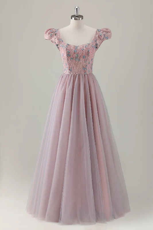 Dresses with Sequined Geometric Shapes for Ladies' Modern and Stylish LookGrey Pink Floral A-Line Long Prom Dress with Short Sleeves Dresses with Sequined Geometric Shapes for Ladies' Modern and Stylish LookGrey Pink Floral A-Line Long Prom Dress with Short Sleeves