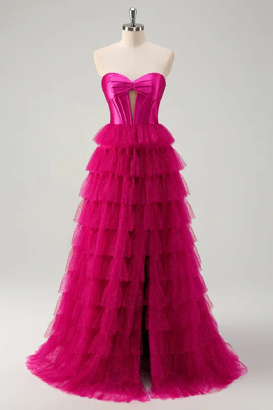 Dresses with Satin Trimmed Collar and Bow Back and Embroidered Skirt for Ladies' Classic and Glamorous LookCute Fuchsia Sweetheart Keyhole Tiered Tulle Long Princess Prom Dresses with Slit Dresses with Satin Trimmed Collar and Bow Back and Embroidered Skirt for Ladies' Classic and Glamorous LookCute Fuchsia Sweetheart Keyhole Tiered Tulle Long Princess Prom Dresses with Slit