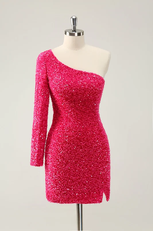 Long Sleeve Knit Dresses for Ladies' Winter ComfortHot Pink One Shoulder Glitter Sequins Homecoming Dress with Slit Long Sleeve Knit Dresses for Ladies' Winter ComfortHot Pink One Shoulder Glitter Sequins Homecoming Dress with Slit