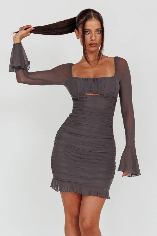 Dresses with Embroidered Stars and Sequined Dots and Sheer Sleeve for Ladies' Celestial and Elegant LookIn Bloom Flared Cuff Mini Dress Charcoal Dresses with Embroidered Stars and Sequined Dots and Sheer Sleeve for Ladies' Celestial and Elegant LookIn Bloom Flared Cuff Mini Dress Charcoal