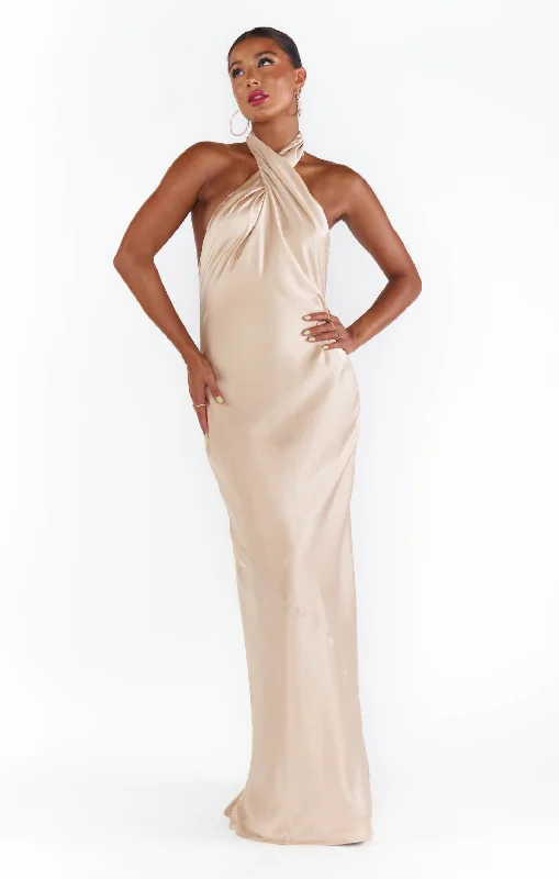 Maxi Dresses with Vintage Paisley Prints for a Retro LookJasmine Halter Maxi Dress ~ Champagne Luxe Satin Maxi Dresses with Vintage Paisley Prints for a Retro LookJasmine Halter Maxi Dress ~ Champagne Luxe Satin