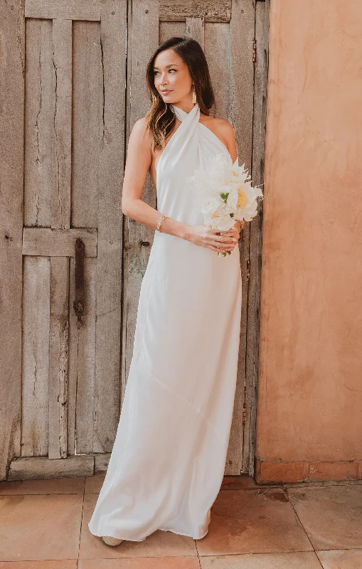 Maxi Dresses for Engagement PartiesJasmine Halter Maxi Dress ~ Ivory Luxe Satin