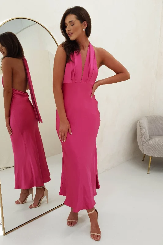 Long - Line Maxi Dresses with a Vest - Like DesignKaylah Satin Halter Neck Maxi Dress | Fuchsia Long - Line Maxi Dresses with a Vest - Like DesignKaylah Satin Halter Neck Maxi Dress | Fuchsia