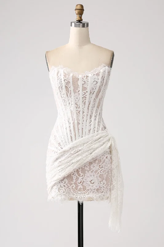 Strapless Cotton Dresses for Ladies' Beachside RelaxationClassy Lace White Short Graduation Dress with Lace-up Back Strapless Cotton Dresses for Ladies' Beachside RelaxationClassy Lace White Short Graduation Dress with Lace-up Back