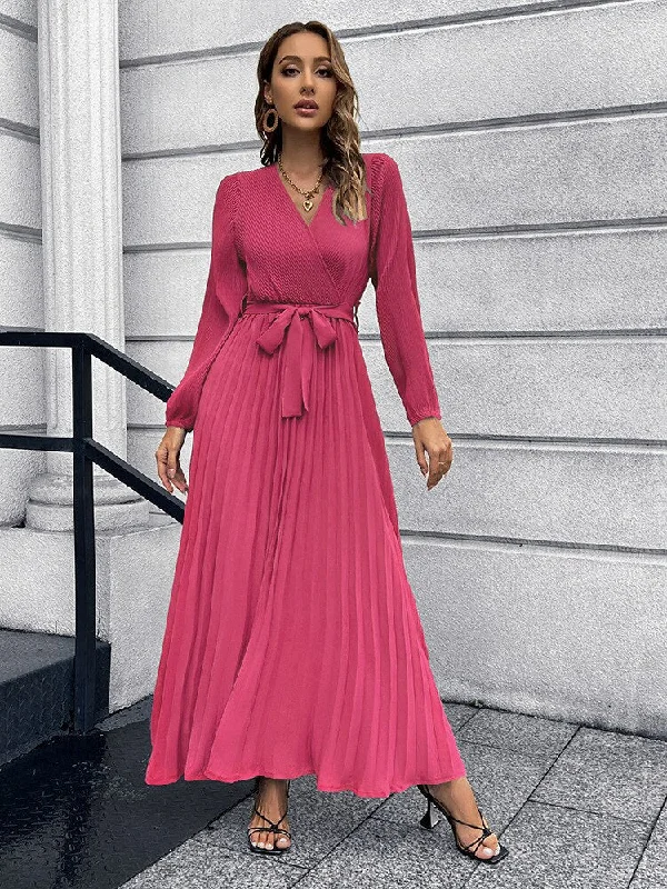 Maxi Dresses Embellished with Crystals for a Sparkling LookFashionSierra - Pleated Full Sleeve V-neck High Waist Sashes Dress Maxi Dresses Embellished with Crystals for a Sparkling LookFashionSierra - Pleated Full Sleeve V-neck High Waist Sashes Dress