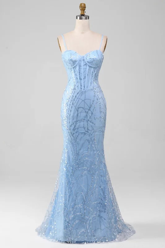 Dresses with Lace Insertions on the Skirt for Ladies' Feminine and Elegant LookLight Blue Mermaid Sparkly Sequin Long Corset Prom Dress Dresses with Lace Insertions on the Skirt for Ladies' Feminine and Elegant LookLight Blue Mermaid Sparkly Sequin Long Corset Prom Dress