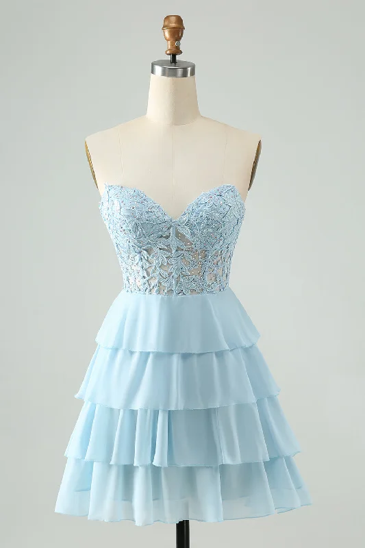 Dresses with Lace and Tulle Combo for Ladies' Dreamy LookLight Blue A Line Sweetheart Tiered Short Homecoming Dress with Appliques Dresses with Lace and Tulle Combo for Ladies' Dreamy LookLight Blue A Line Sweetheart Tiered Short Homecoming Dress with Appliques
