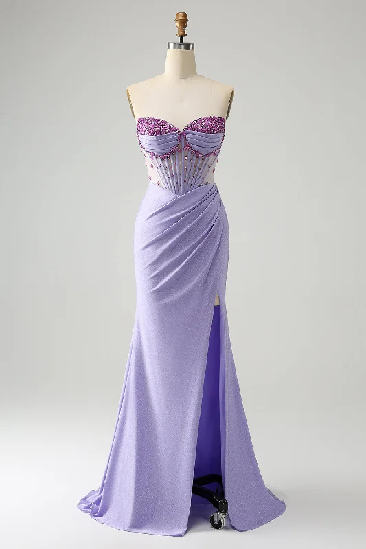 Embroidered Silk Dresses for Ladies' Elegant TouchLight Purple Mermaid Strapless Ruched Beaded Corset Prom Dress with Slit Embroidered Silk Dresses for Ladies' Elegant TouchLight Purple Mermaid Strapless Ruched Beaded Corset Prom Dress with Slit