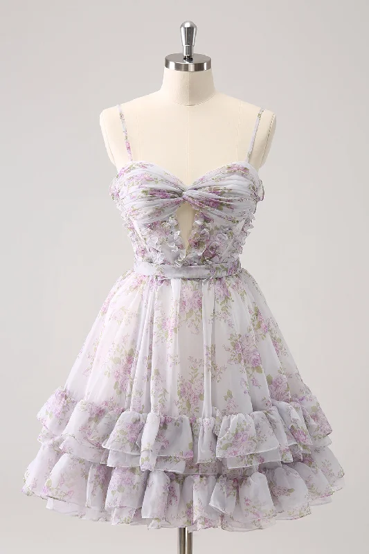 Dresses with Sequined Stripes and Sheer Back for Ladies' Bold and Sexy LookLilac A-Line Floral Prints Ruffled Tiered Tulle Homecoming Dress Dresses with Sequined Stripes and Sheer Back for Ladies' Bold and Sexy LookLilac A-Line Floral Prints Ruffled Tiered Tulle Homecoming Dress