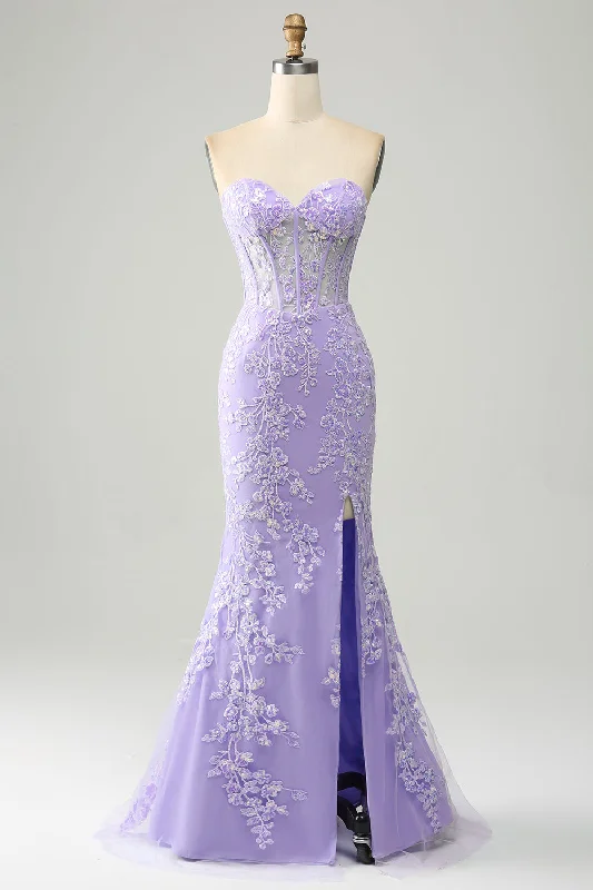 Dresses with Satin and Lace Trimmed Neckline and Ruffled Sleeves for Ladies' Sophisticated and Girly LookLilac Mermaid Sweetheart Corset Appliques Prom Dress With Side Slit Dresses with Satin and Lace Trimmed Neckline and Ruffled Sleeves for Ladies' Sophisticated and Girly LookLilac Mermaid Sweetheart Corset Appliques Prom Dress With Side Slit