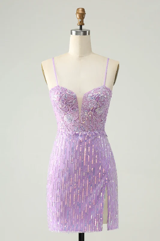 Dresses with Embroidered Floral Patterns and Tassel Hem and Sequined Bodice for Ladies' Bohemian and Glamorous LookSparkly Lilac Sequins Bodycon Mini Homecoming Dress with Slit Dresses with Embroidered Floral Patterns and Tassel Hem and Sequined Bodice for Ladies' Bohemian and Glamorous LookSparkly Lilac Sequins Bodycon Mini Homecoming Dress with Slit