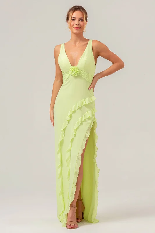 Dresses with Sequined Star Motifs and Sheer Sleeve for Ladies' Celestial and Flirty LookLime Sheath Deep V Neck Backless Long Bridesmaid Dress with Ruffle Slit Dresses with Sequined Star Motifs and Sheer Sleeve for Ladies' Celestial and Flirty LookLime Sheath Deep V Neck Backless Long Bridesmaid Dress with Ruffle Slit