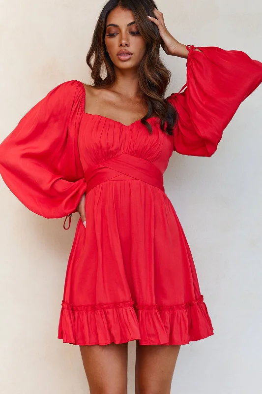 Dresses with Ruffled Hem and Bow at the Waist for Ladies' Sweet and Feminine LookLinka On Or Off-Shoulder Long Sleeve Tie-Back Dress Red Dresses with Ruffled Hem and Bow at the Waist for Ladies' Sweet and Feminine LookLinka On Or Off-Shoulder Long Sleeve Tie-Back Dress Red