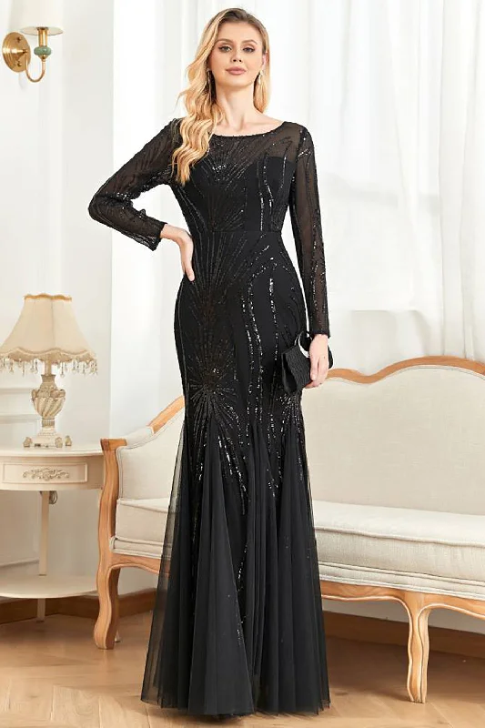 Velvet Dresses with Satin Trim for Ladies' Luxurious FeelLong Sleeves Mermaid Sequins Formal Dress Velvet Dresses with Satin Trim for Ladies' Luxurious FeelLong Sleeves Mermaid Sequins Formal Dress