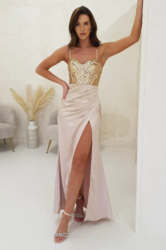 Fluffy Fleece Maxi Dresses for Warmth in WinterMargaux Satin Corset Maxi Dress | Gold Fluffy Fleece Maxi Dresses for Warmth in WinterMargaux Satin Corset Maxi Dress | Gold