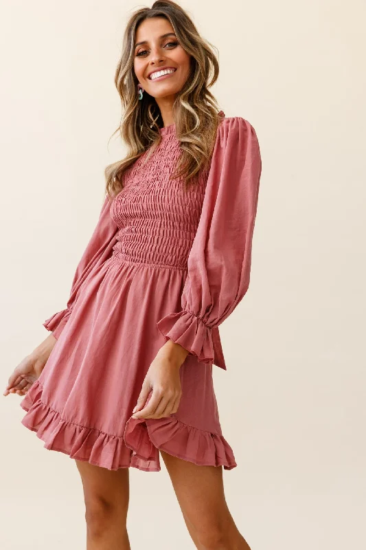 A Line Denim Dresses for Ladies with Button FrontMarianna Long Sleeve Shirred Bust Dress Rose A Line Denim Dresses for Ladies with Button FrontMarianna Long Sleeve Shirred Bust Dress Rose