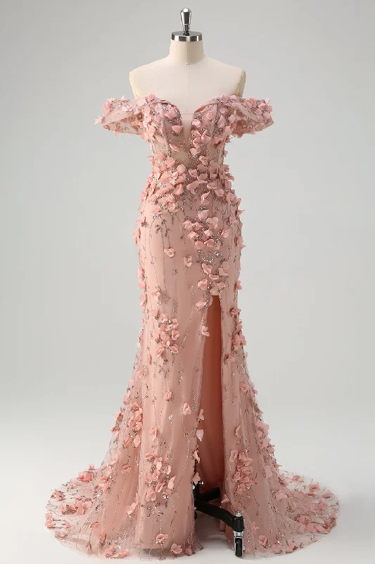 Dresses with Ruffled Sleeveless Top and Sequined Bodice and Tulle Skirt for Ladies' Dramatic and Glamorous LookBlush Mermaid Off the Shoulder Slit Long Prom Dress With 3D Flowers Dresses with Ruffled Sleeveless Top and Sequined Bodice and Tulle Skirt for Ladies' Dramatic and Glamorous LookBlush Mermaid Off the Shoulder Slit Long Prom Dress With 3D Flowers