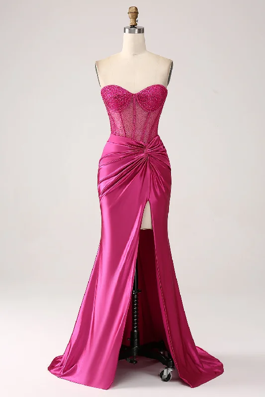 Tube Dresses with Beaded Waistband for Ladies' Simple and Chic StyleFuchsia Mermaid Sweetheart Pleated Long Corset Satin Prom Dress With Slit Tube Dresses with Beaded Waistband for Ladies' Simple and Chic StyleFuchsia Mermaid Sweetheart Pleated Long Corset Satin Prom Dress With Slit